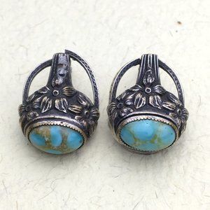 Vintage Antique Sterling Silver Turquoise Screw Back Earrings Ornate